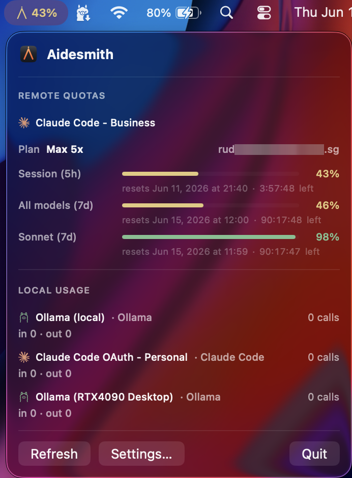 Aidesmith menu bar tooltip showing remote quotas and local usage