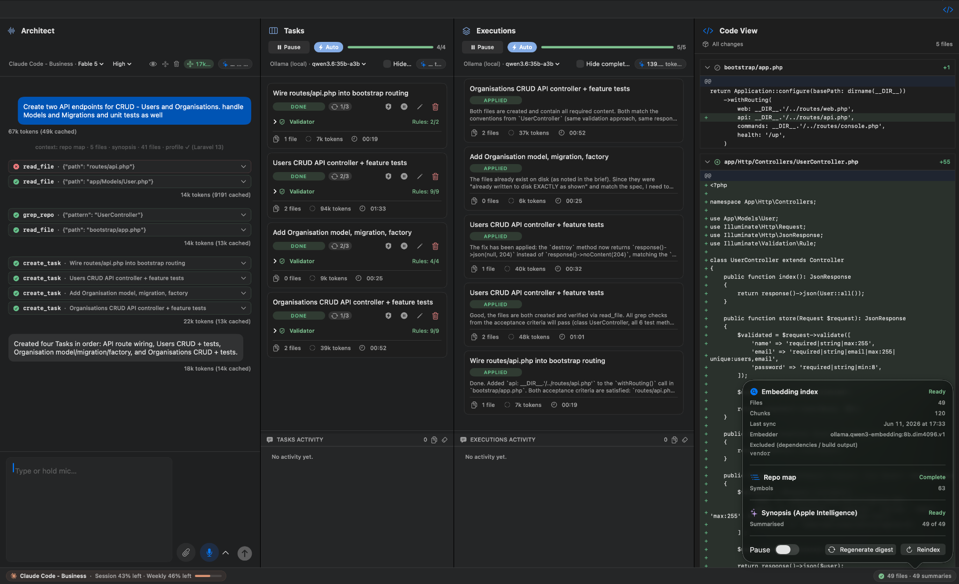 Aidesmith workbench: Architect chat, task queue, execution log, and live code view